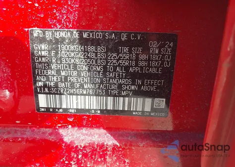 2024 Honda Hr-V Awd Sport/Awd Sport W/O Bsi z USA, uszkodzony, nr VIN 3CZRZ2H56RM767753